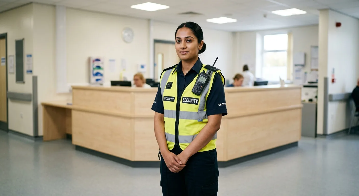Female security officer at a hospital reception area