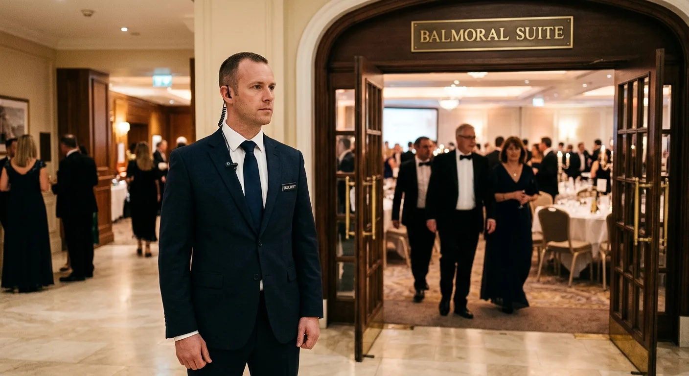 Security officer at hotel function room entrance