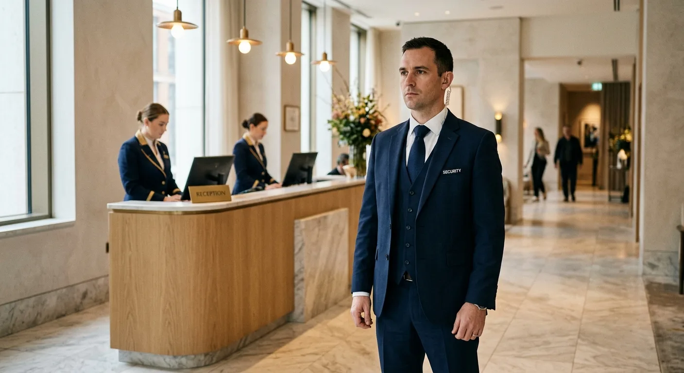 Hotel security officer at reception desk